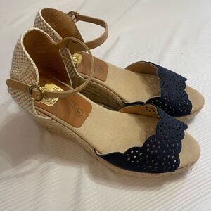 Kanna Spain Navy Blue Espadrille Wedge Peep Toe Sandal sz 8